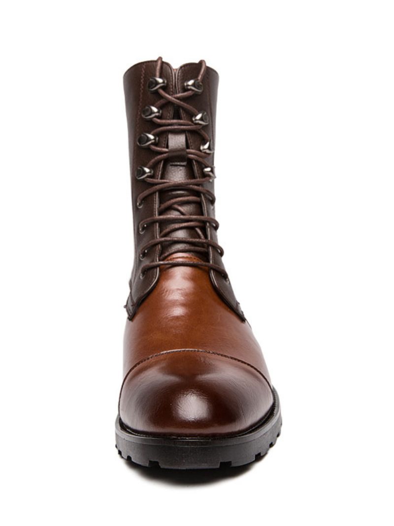 Herren-stiefeletten Pu-leder Runde Zehenpartie Schnürung Braune Cowboystiefel - Kaffeebraun