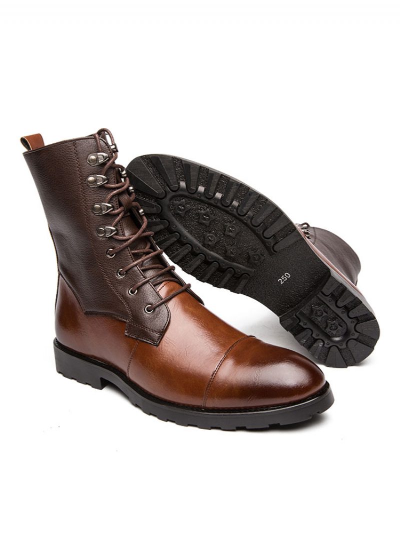 Herren-stiefeletten Pu-leder Runde Zehenpartie Schnürung Braune Cowboystiefel - Kaffeebraun