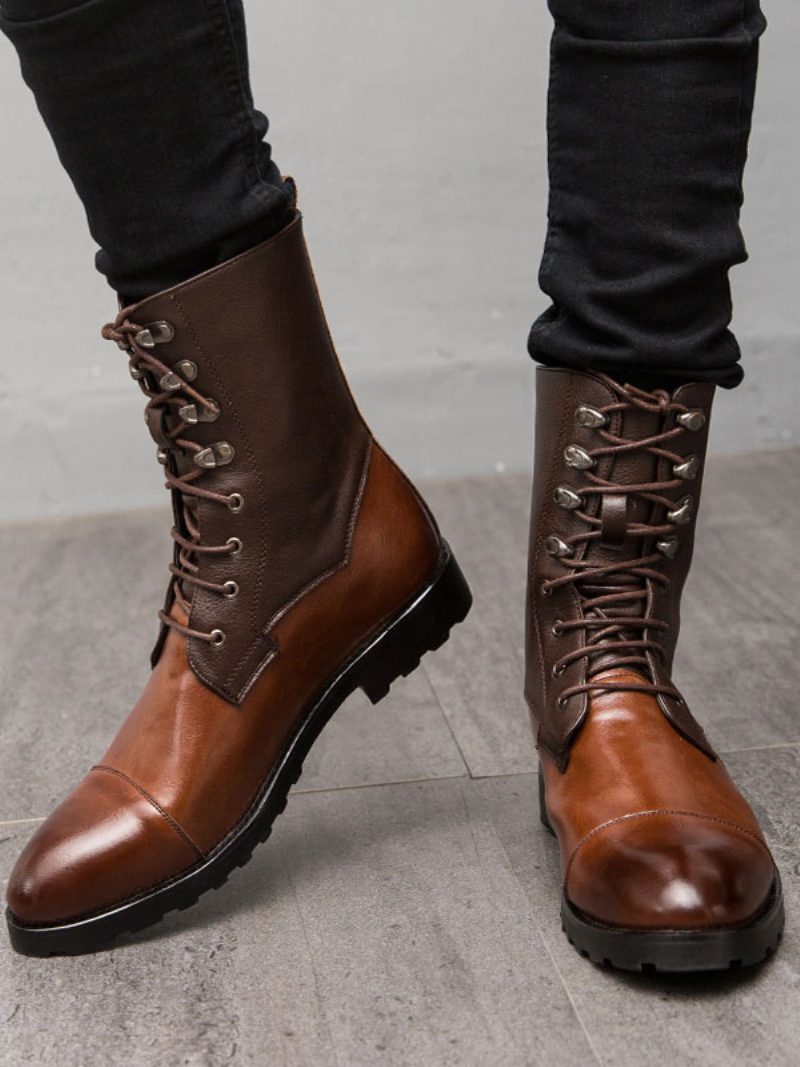 Herren-stiefeletten Pu-leder Runde Zehenpartie Schnürung Braune Cowboystiefel - Kaffeebraun