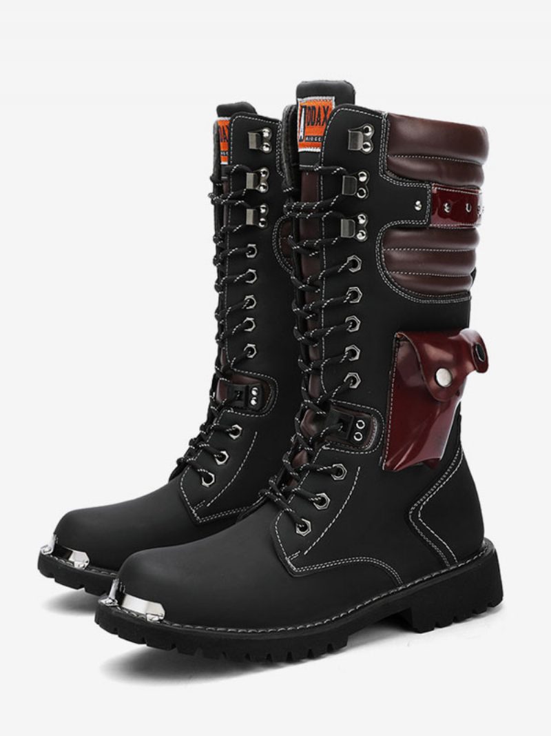 Herrenstiefel Arbeitsstiefel Pu-leder Runde Zehen Kampfstiefel Schnallen Steampunk Kniehohe Stiefel - Schwarz