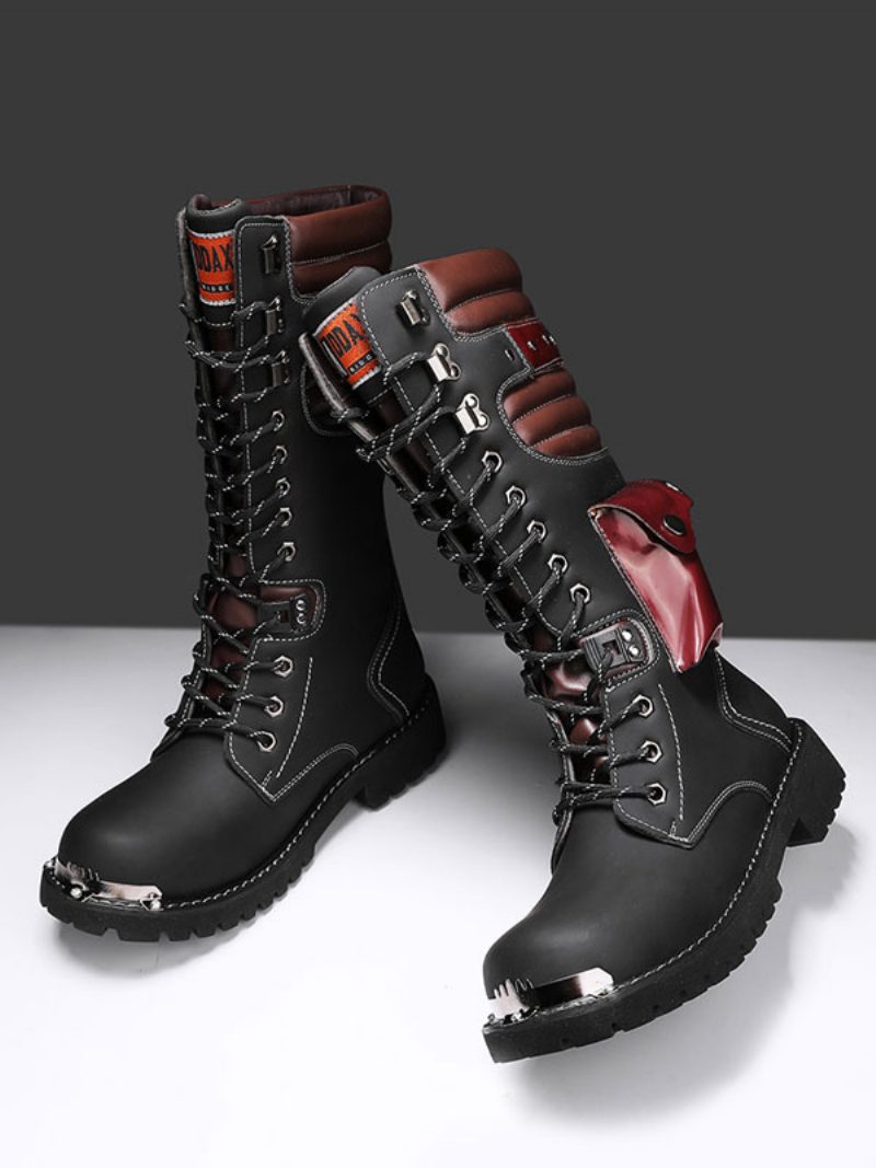 Herrenstiefel Arbeitsstiefel Pu-leder Runde Zehen Kampfstiefel Schnallen Steampunk Kniehohe Stiefel - Schwarz