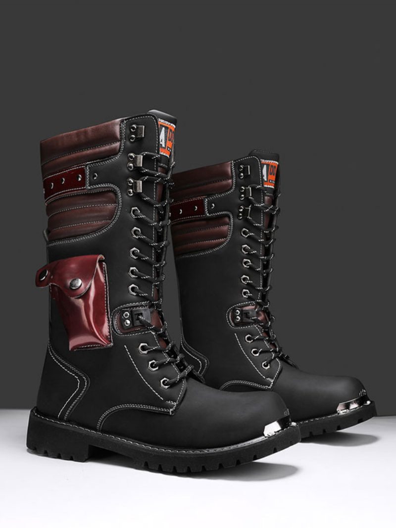 Herrenstiefel Arbeitsstiefel Pu-leder Runde Zehen Kampfstiefel Schnallen Steampunk Kniehohe Stiefel - Schwarz