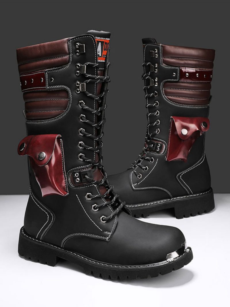 Herrenstiefel Arbeitsstiefel Pu-leder Runde Zehen Kampfstiefel Schnallen Steampunk Kniehohe Stiefel - Schwarz