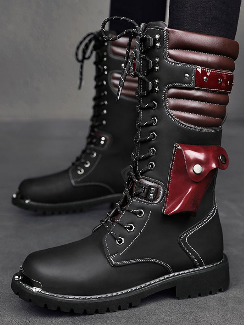 Herrenstiefel Arbeitsstiefel Pu-leder Runde Zehen Kampfstiefel Schnallen Steampunk Kniehohe Stiefel - Schwarz