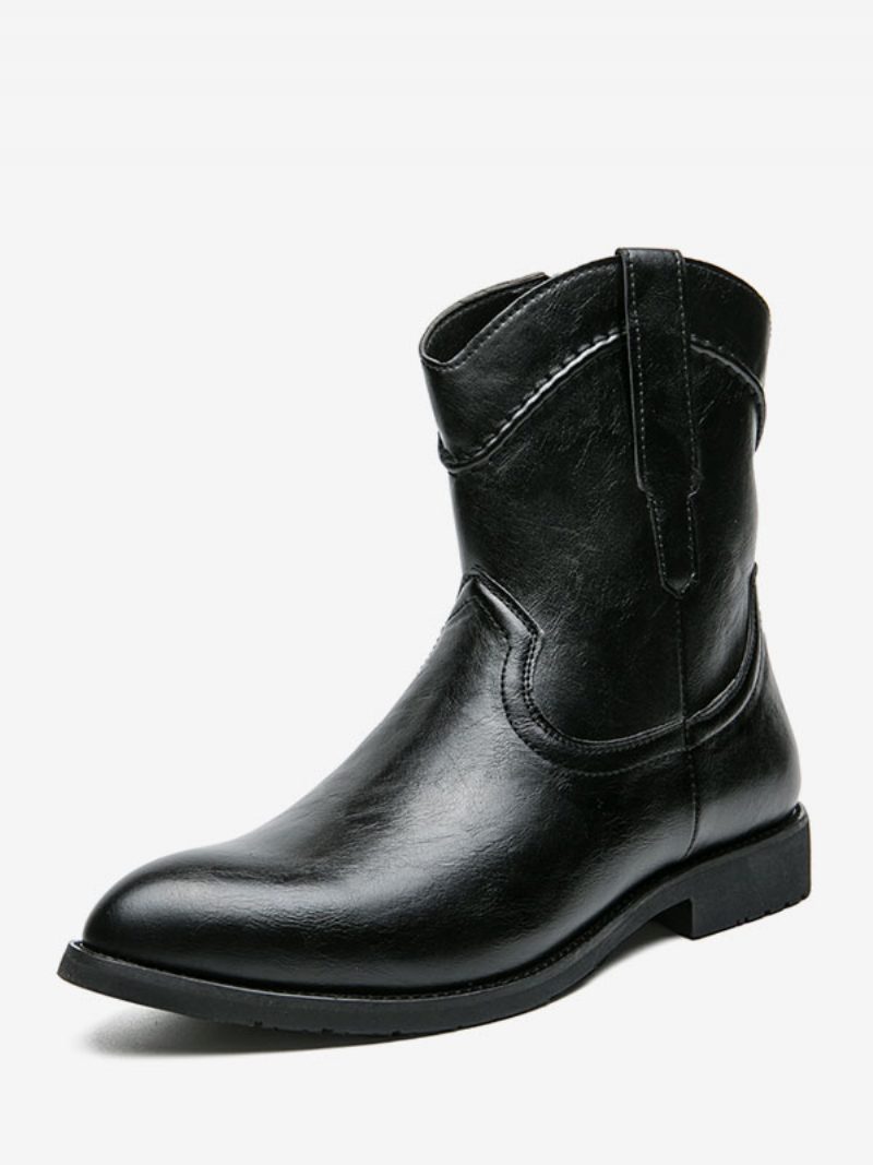 Herrenstiefel Cowboystiefel Gelbes Pu-leder Spitzer Zehenbereich Bestickt - Schwarz