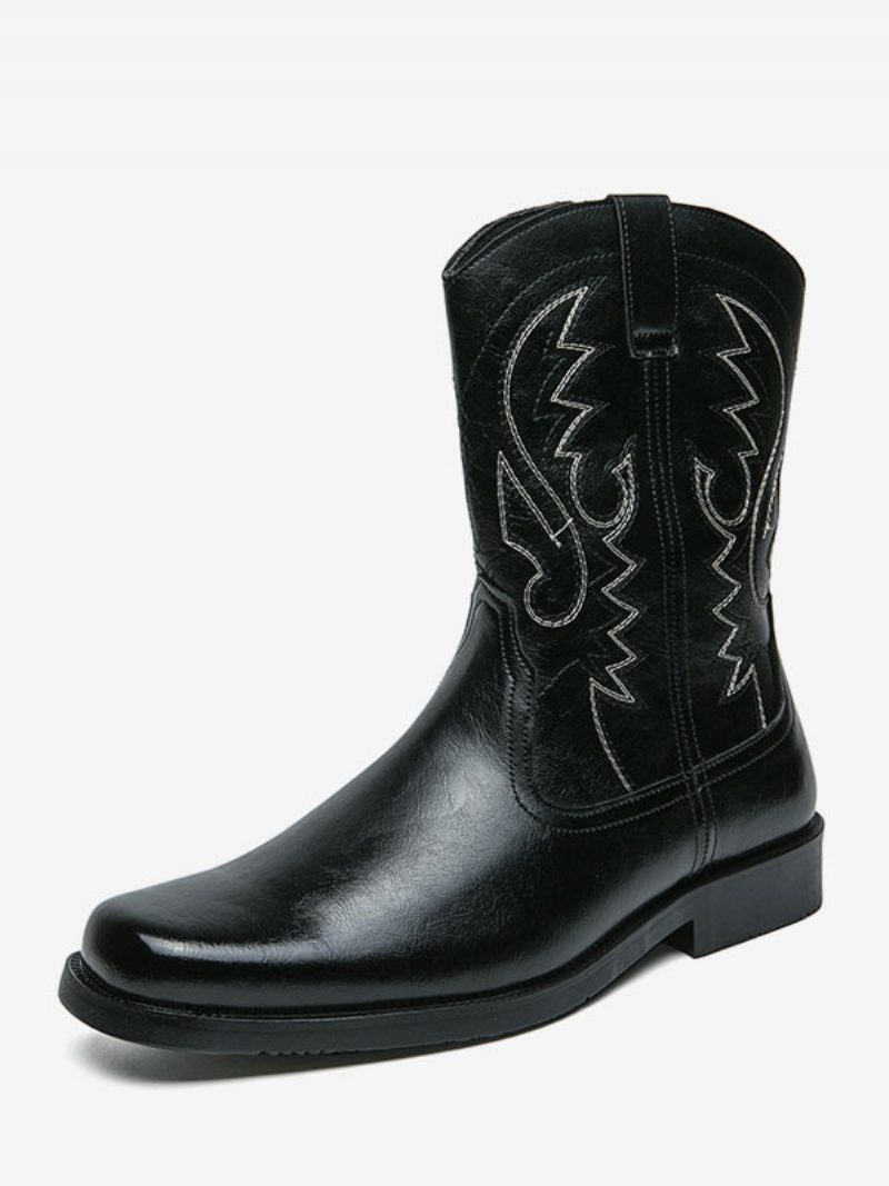 Herrenstiefel Cowboystiefel Kaffeebraun Pu-leder Runde Spitze Bestickt - Schwarz