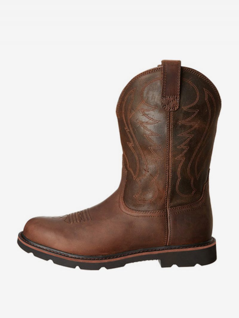 Herrenstiefel Cowboystiefel Schokoladenbraun Pu-leder Runde Zehenpartie Mittelhohe Stiefel - Kaffeebraun