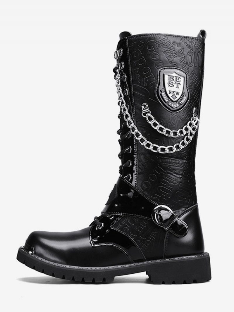 Kniehohe Arbeitsstiefel Für Herren Pu-leder Runde Zehen Kampfstiefel Schnallen Mentale Ketten Steampunk-stiefel - Schwarz