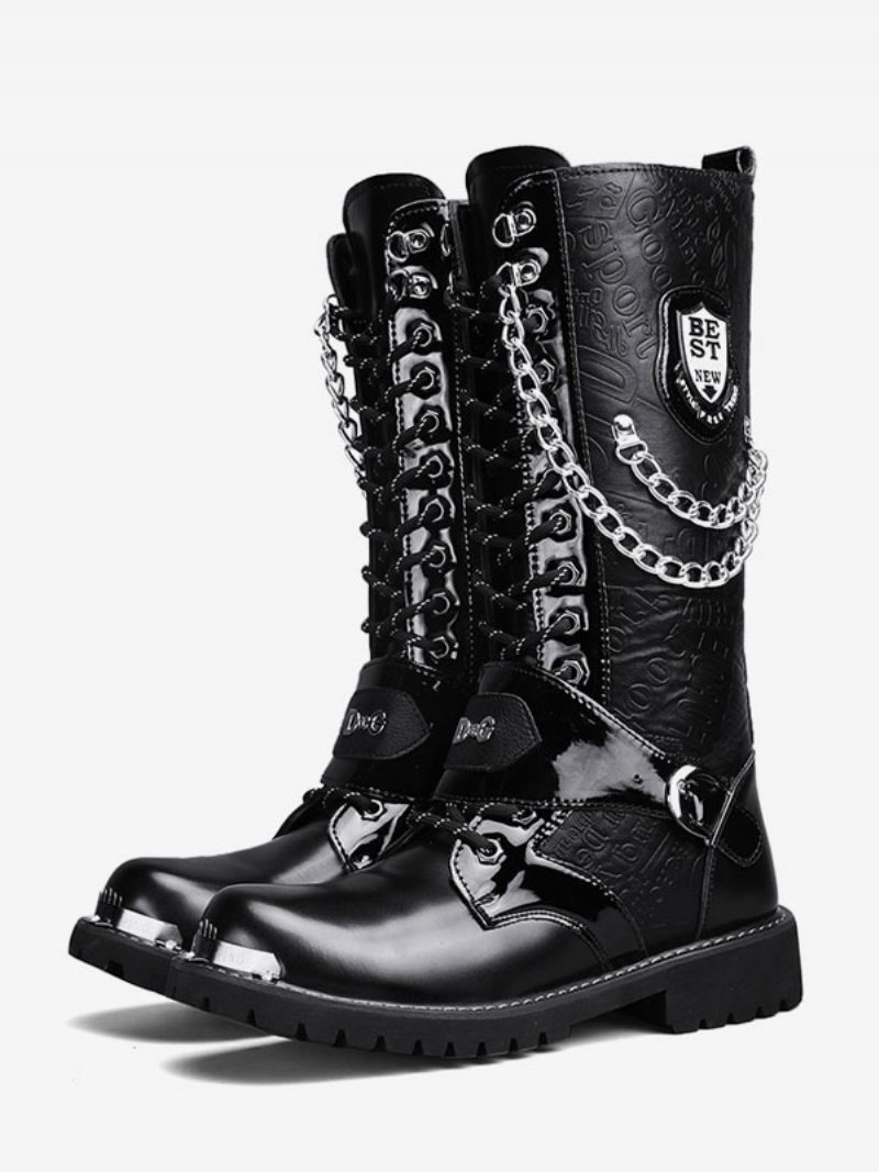 Kniehohe Arbeitsstiefel Für Herren Pu-leder Runde Zehen Kampfstiefel Schnallen Mentale Ketten Steampunk-stiefel - Schwarz