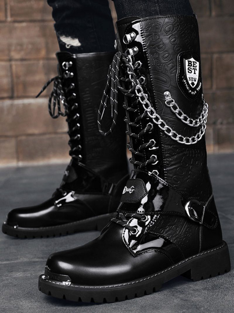 Kniehohe Arbeitsstiefel Für Herren Pu-leder Runde Zehen Kampfstiefel Schnallen Mentale Ketten Steampunk-stiefel - Schwarz