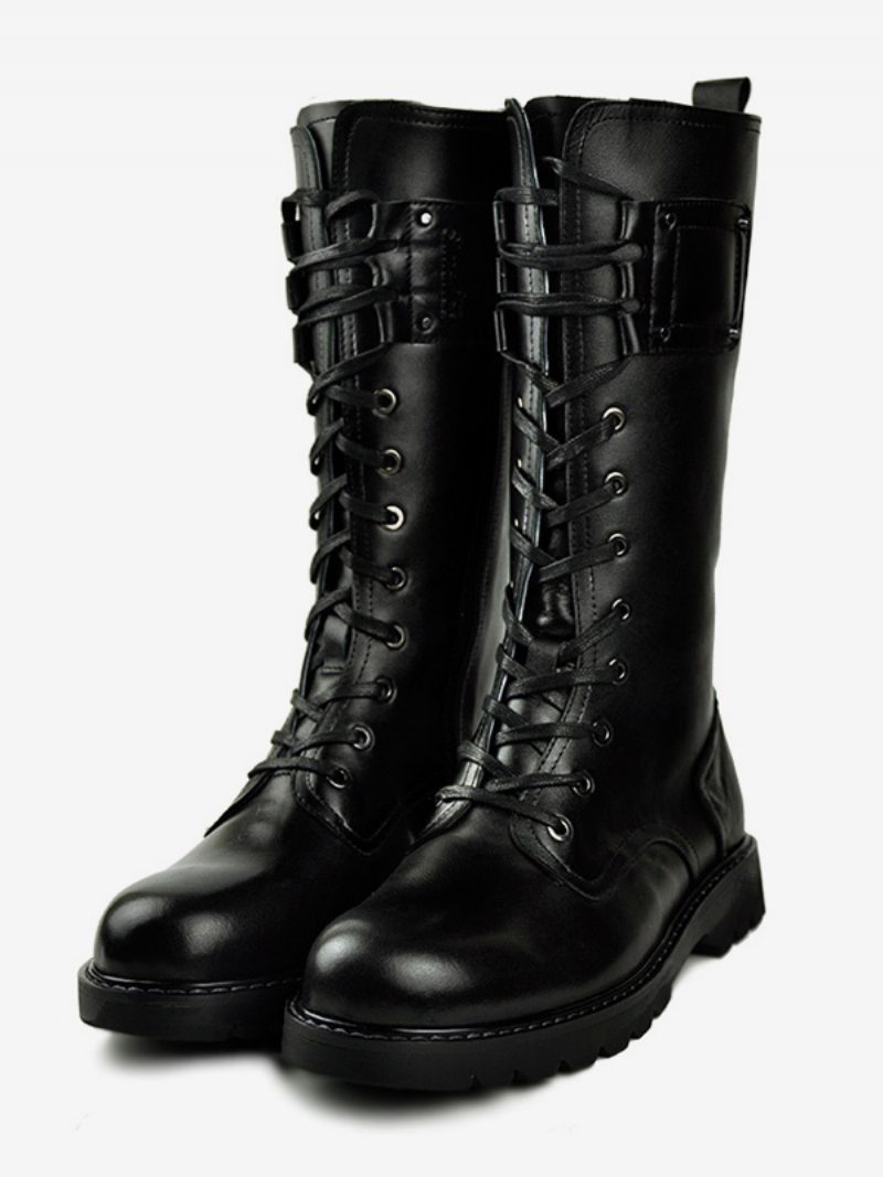 Kniehohe Herrenstiefel Arbeitsschuhe Schnürstiefel Rindsleder Klassische Schwarze Stiefel - Schwarz