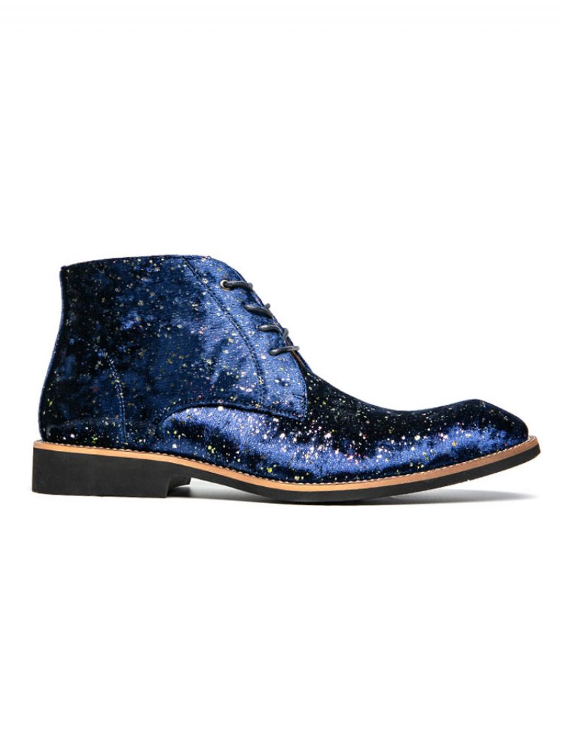 Stiefeletten Für Herren Pailletten Runde Zehen Chukka-stiefel Pu-leder Blaue Knöchel-martin-stiefel - Blau