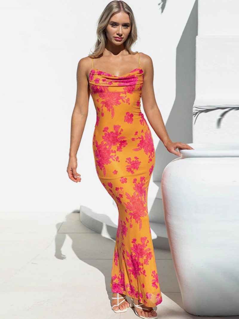 Damen-blumenkleid Maxikleider Blumendruck Ärmellos Träger Ausschnitt Elegant Rückenfrei Spaghettiträger Schnürung Keine Offene Naht Sommer - Orange