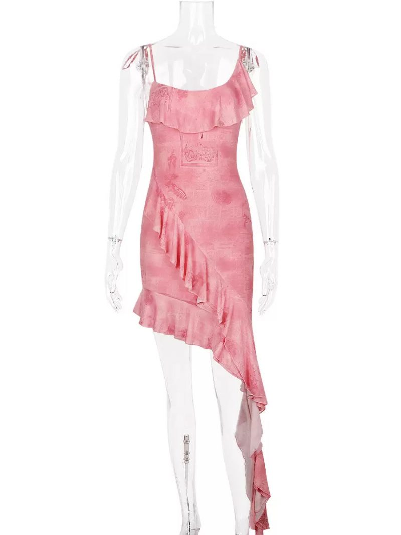 Damen-blumenkleid Minikleider Blumendruck Ärmellos Träger Ausschnitt Sexy Unregelmäßig Spaghettiträger Rüschen Ohne Offene Naht Kurz Sommer - Cameo-Rosa