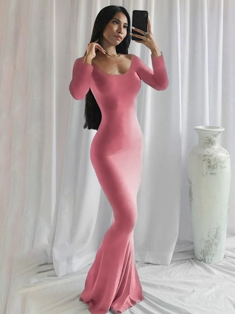 Damen-bodycon-kleider Schwarz Mit Juwelenausschnitt Lässiges Langärmliges Bleistiftkleid - Rosa