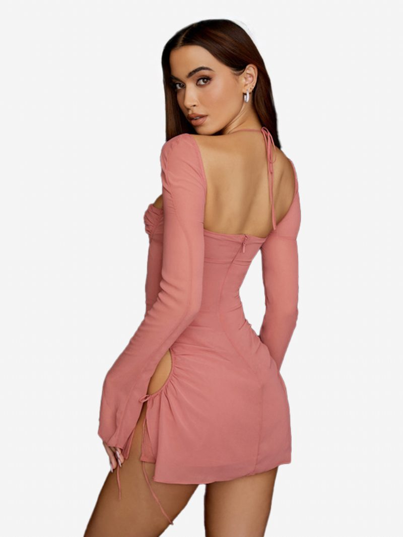 Damen Figurbetonte Kleider Rückenfrei Neckholder Plissiert Vorne Sexy Mini-bleistiftkleider - Rosa