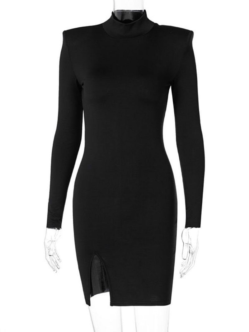 Damen Figurbetontes Kleid Schwarz Lange Ärmel Vorne Geschlitzt Sexy Hoher Kragen Geschichtete Wickelkleider Etui-wickelkleider - Schwarz