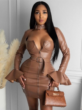 Damen-geburtstags-bodycon-kleider Khaki Quadratischer Ausschnitt Sexy Lange Ärmel Bleistiftkleid