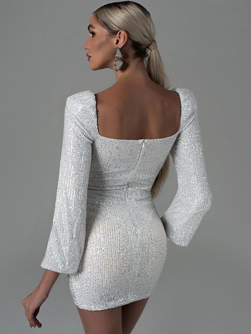 Damen-kleid Mit Pailletten Figurbetontem Ausschnitt Langen Ärmeln Glitzernden Minikleidern - Silber