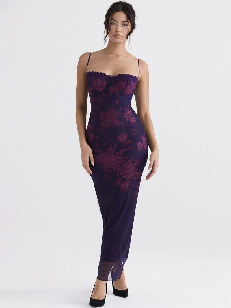 Damen-korsettkleid Floral Bedruckt Spaghettiträger Sexy Figurbetont Maxikleider - Lila