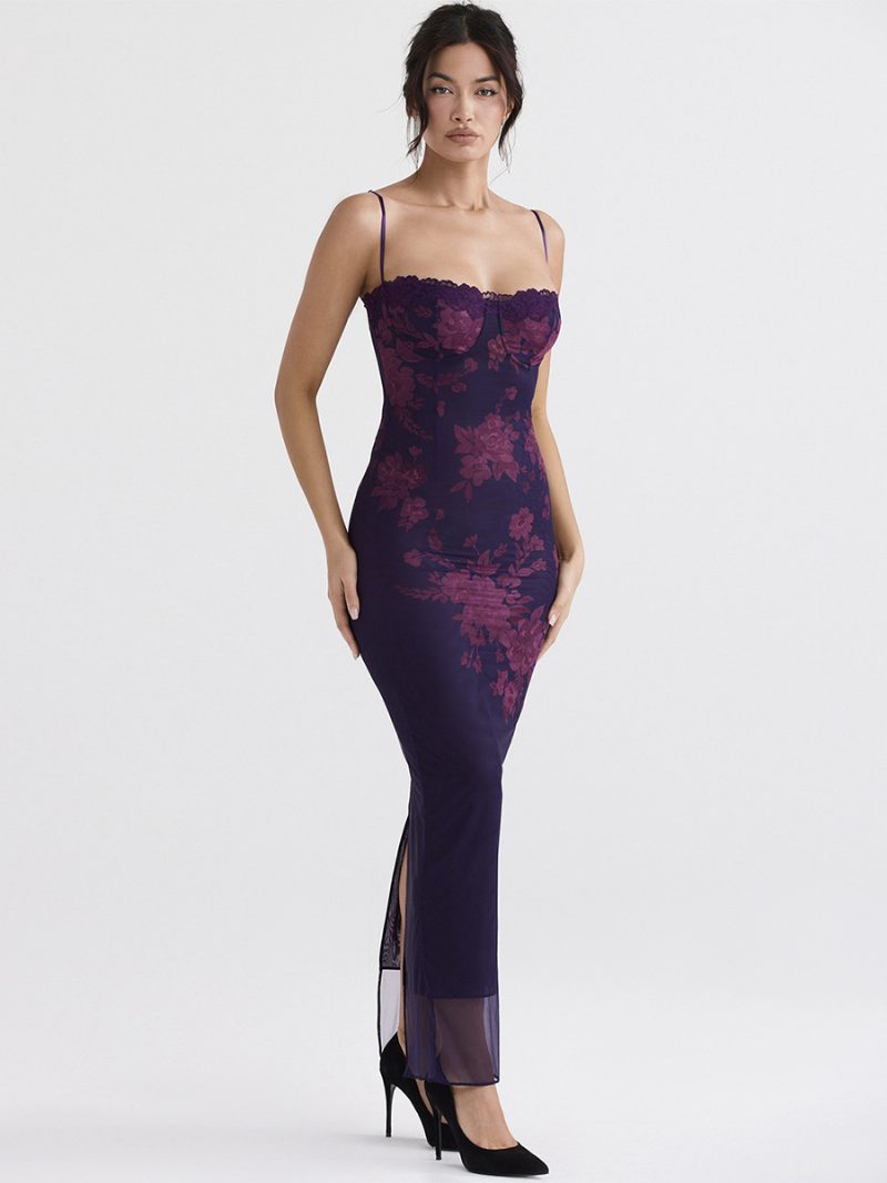 Damen-korsettkleid Floral Bedruckt Spaghettiträger Sexy Figurbetont Maxikleider - Lila