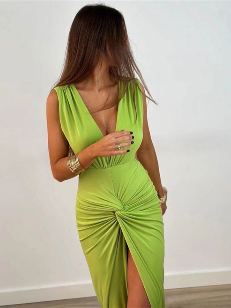 Damen-maxikleid V-ausschnitt Ärmellos Sexy Hochgeschlitztes Plissiertes Bodenlanges Kleid - Grün