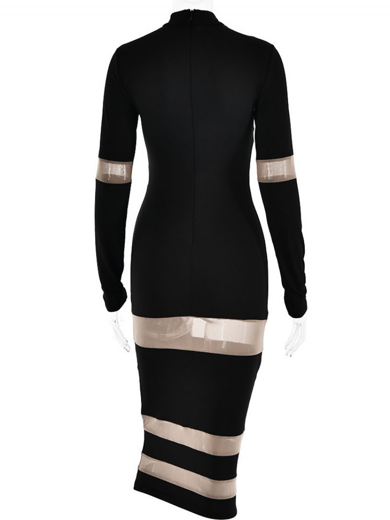 Damen-mesh-patchwork-kleid Mit Langen Ärmeln Durchsichtige Party-bodycon-kleider - Schwarz