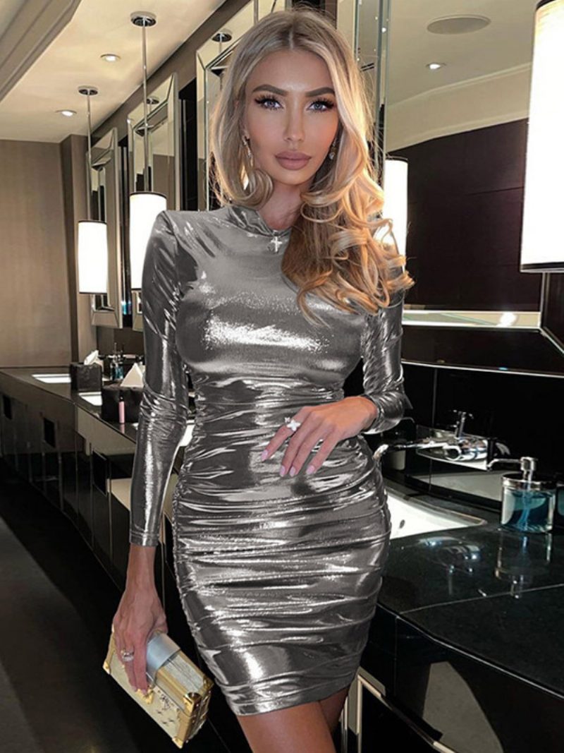 Damen Metallic-farben-figurbetontes Kleid Mit Gepolsterten Schultern Und Plissierten Etuikleidern