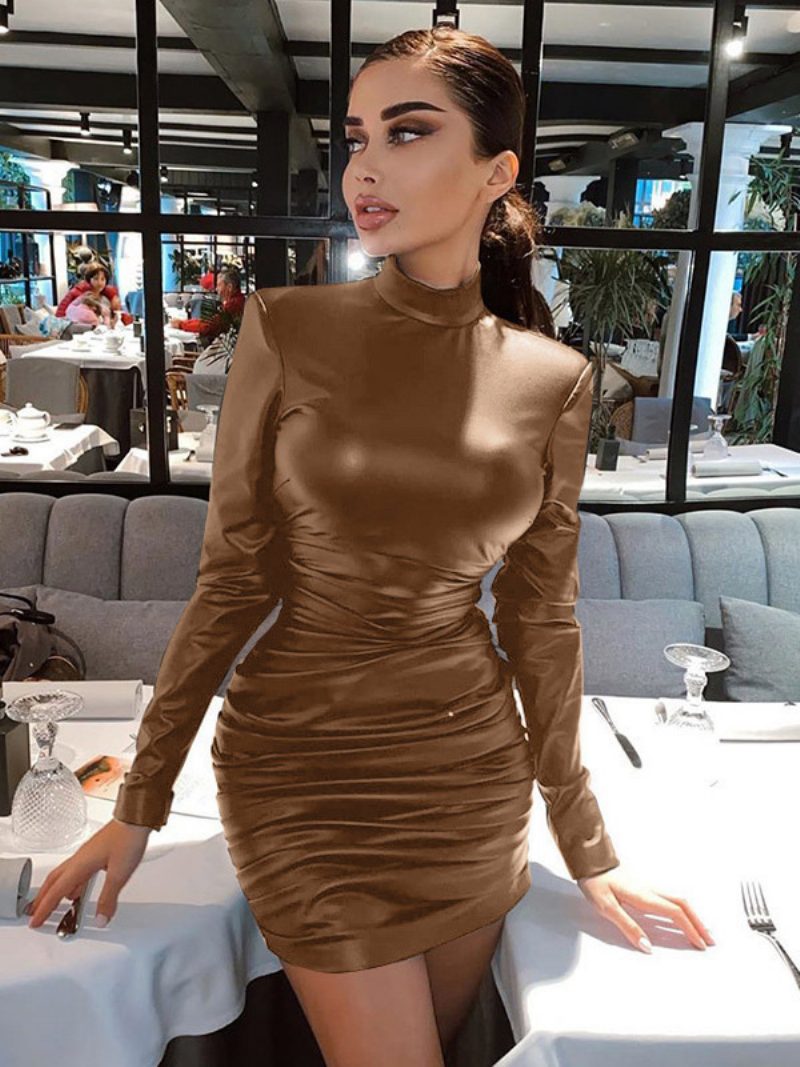 Damen Metallic-farben-figurbetontes Kleid Mit Gepolsterten Schultern Und Plissierten Etuikleidern - Kaffeebraun