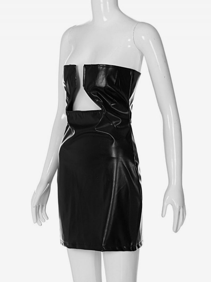 Geburtstag Figurbetontes Kleid Für Frauen Trägerloses Ausgeschnittenes Pu-leder Sexy Clubkleid - Schwarz