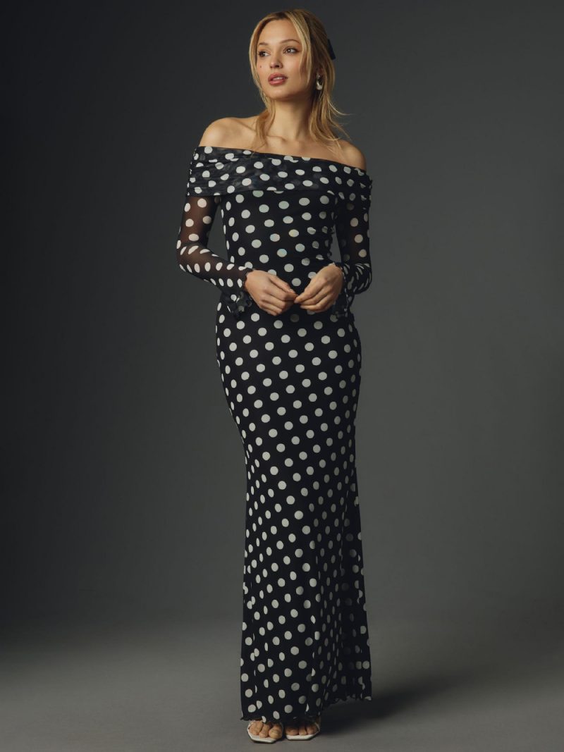 Langes Kleid Mit Polka Dots Schulterfrei Lange Ärmel Schickes Sommer-maxikleid Für Damen