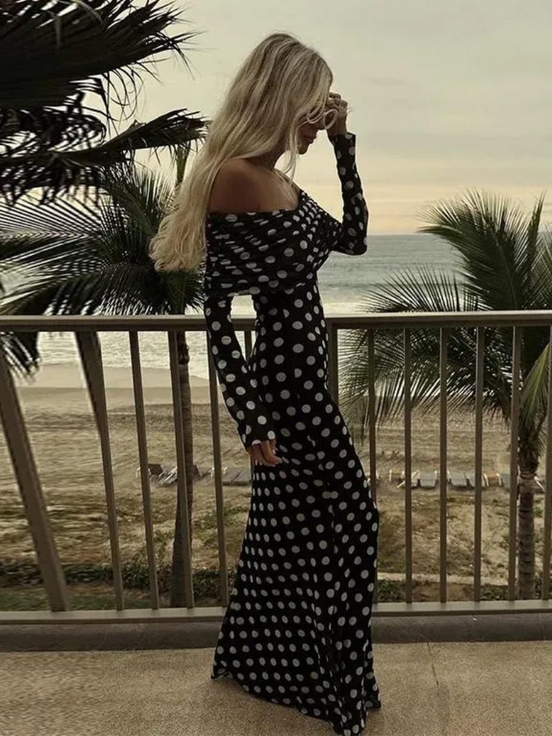 Langes Kleid Mit Polka Dots Schulterfrei Lange Ärmel Schickes Sommer-maxikleid Für Damen - Schwarz