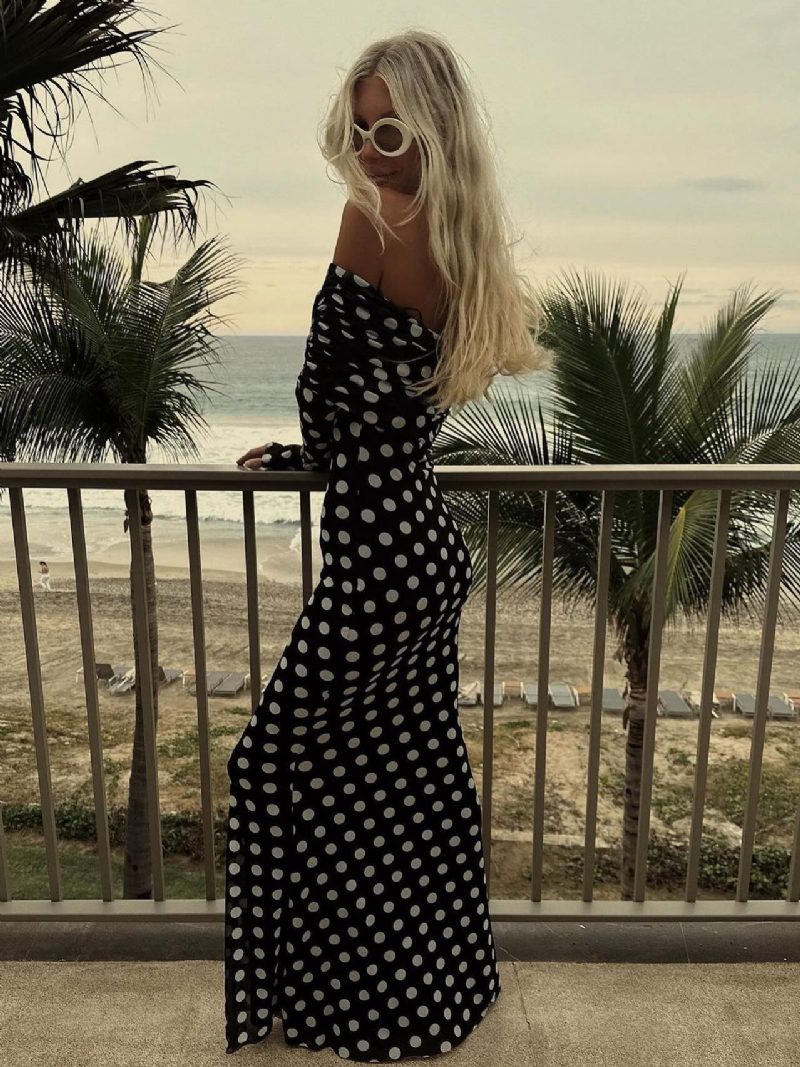 Langes Kleid Mit Polka Dots Schulterfrei Lange Ärmel Schickes Sommer-maxikleid Für Damen - Schwarz