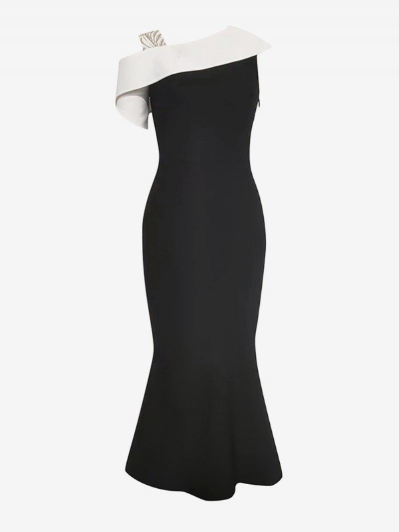 Popover-kleid Für Damen Asymmetrischer Ausschnitt Kontrastierende Party-midi-kleider - Schwarz