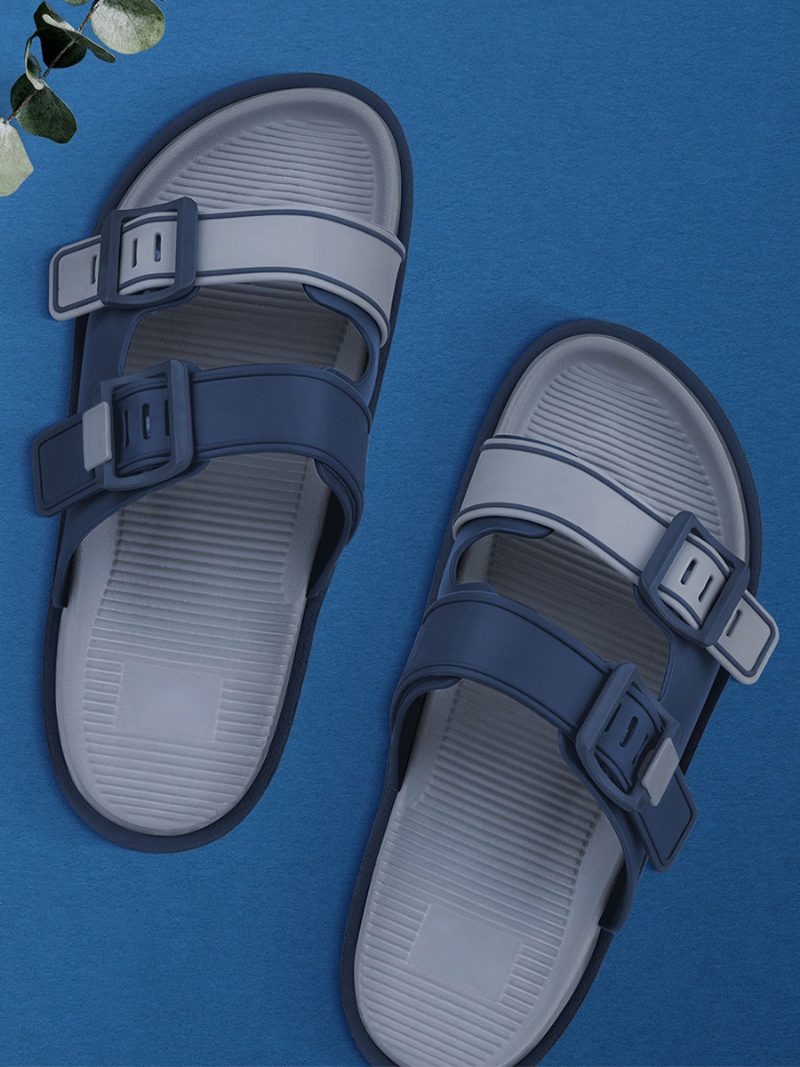 Flache Herren-sandalen Zum Hineinschlüpfen Mit Farbblock Und Verstellbarer Riemenschnalle - Blau