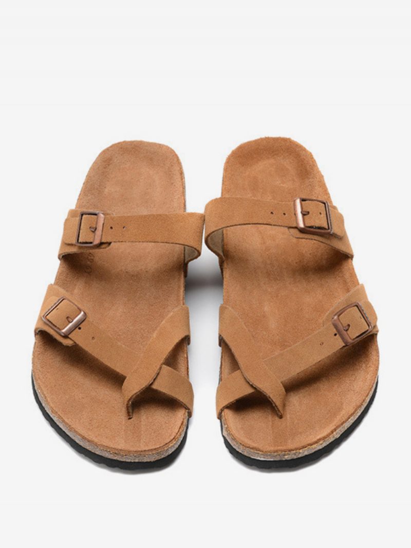 Herren-sandalen Slip-on Rindsleder Verstellbare Riemenschnalle Hausschuhe Flache Sandalen - Kaffeebraun