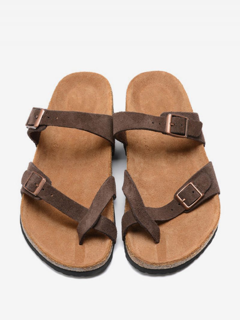 Herren-sandalen Slip-on Rindsleder Verstellbare Riemenschnalle Hausschuhe Flache Sandalen - Schokolade