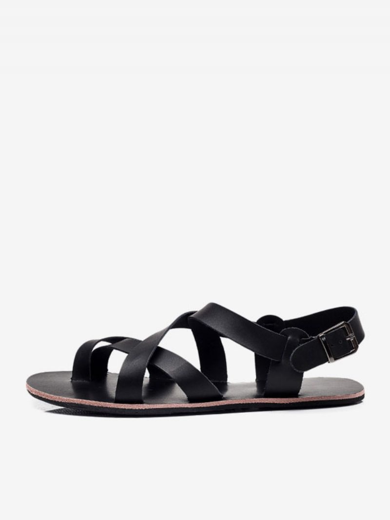 Herren-sandalen Zum Hineinschlüpfen Aus Pu-leder Mit Gummisohle - Schwarz