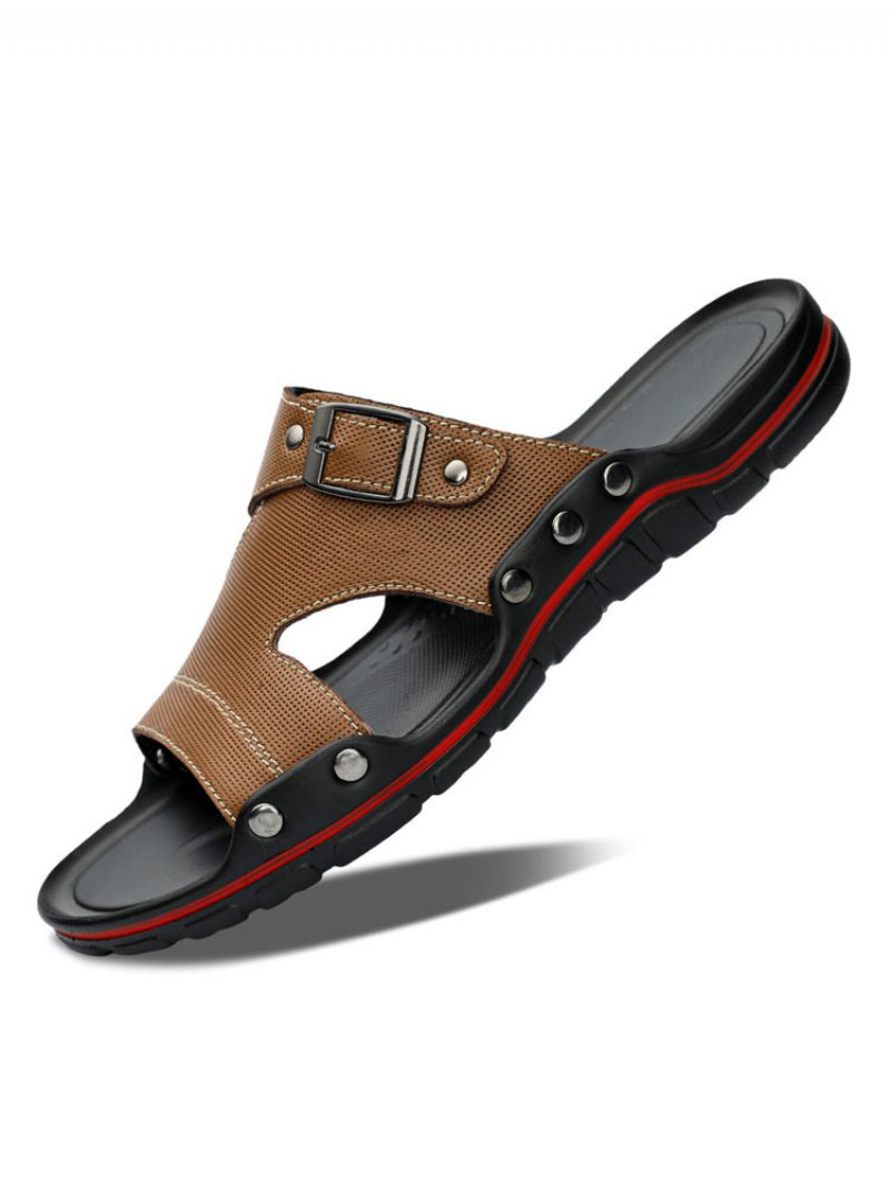 Herren-sandalen Zum Hineinschlüpfen Aus Rindsleder Mit Gummisohle - Khaki