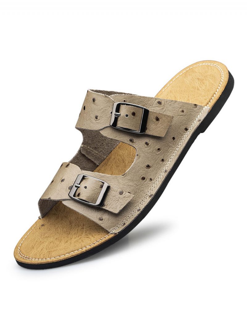 Herren-sandalen Zum Hineinschlüpfen Aus Rindsleder Mit Gummisohle - Khaki