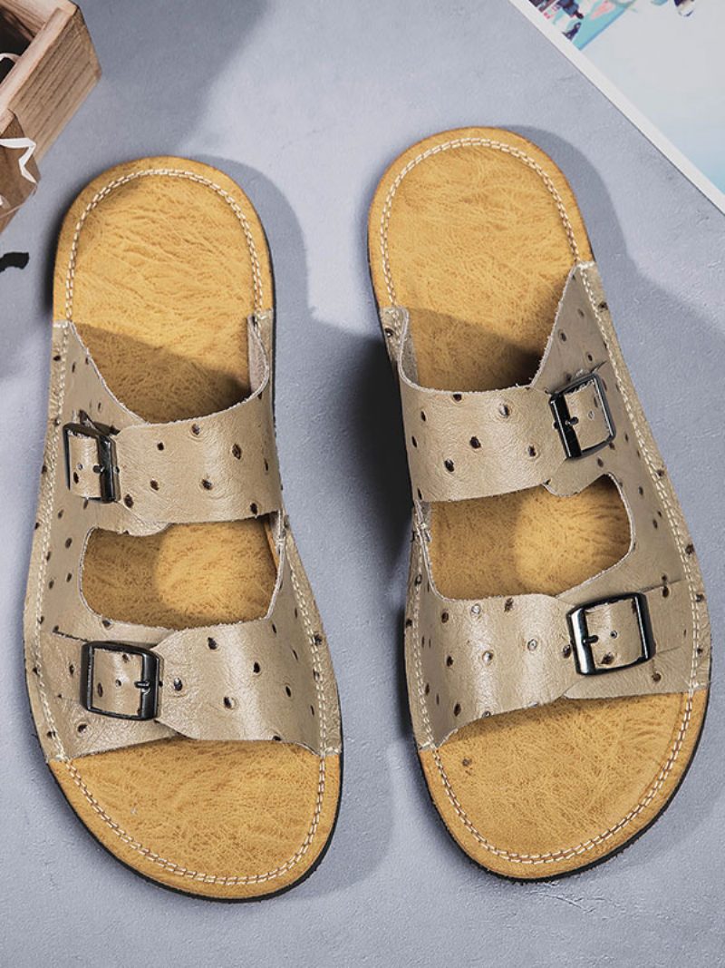 Herren-sandalen Zum Hineinschlüpfen Aus Rindsleder Mit Gummisohle - Khaki