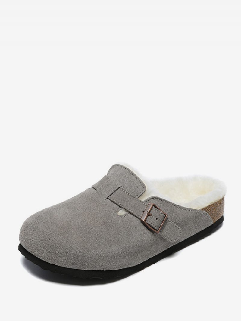 Sandalen Für Herren Slip-on Farbblock Rindsleder Holz Verstellbare Riemenschnalle Fellhausschuhe Flache - Grau