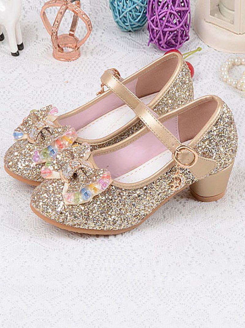 Blumenmädchen-schuhe Glitzer-schleife Mary-jane-pumps Mit Klobigem Absatz - Gold