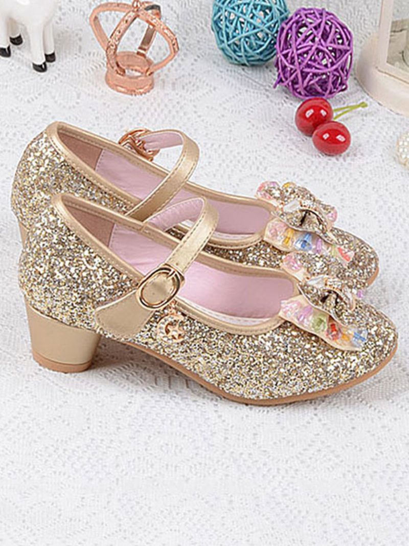 Blumenmädchen-schuhe Glitzer-schleife Mary-jane-pumps Mit Klobigem Absatz - Gold