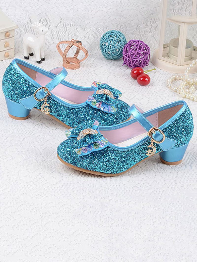 Blumenmädchen-schuhe Glitzer-schleife Mary-jane-pumps Mit Klobigem Absatz - Helles Himmelblau