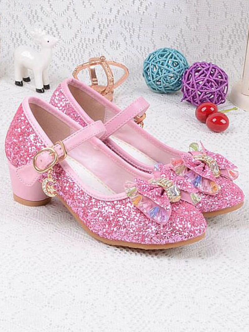 Blumenmädchen-schuhe Glitzer-schleife Mary-jane-pumps Mit Klobigem Absatz - Rosa