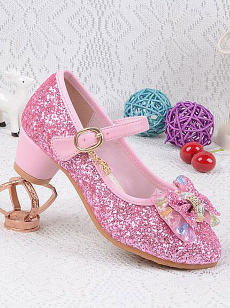 Blumenmädchen-schuhe Glitzer-schleife Mary-jane-pumps Mit Klobigem Absatz - Rosa