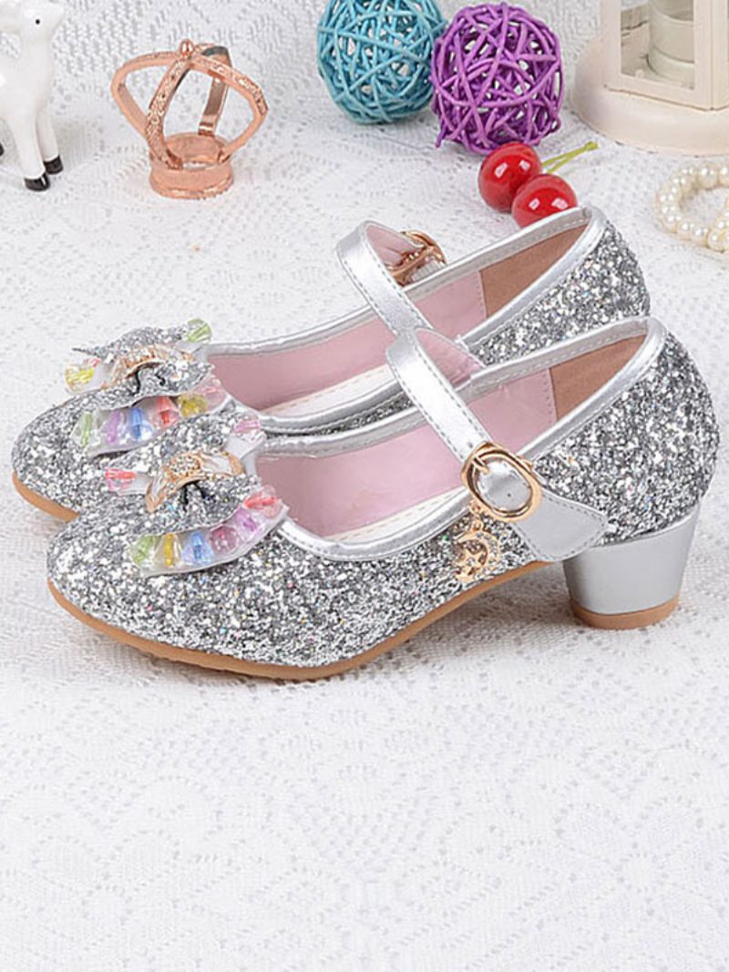 Blumenmädchen-schuhe Glitzer-schleife Mary-jane-pumps Mit Klobigem Absatz - Silber