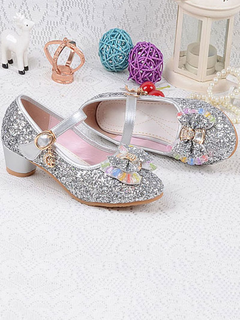 Blumenmädchen-schuhe Glitzer-schleife Mary-jane-pumps Mit Klobigem Absatz - Silber