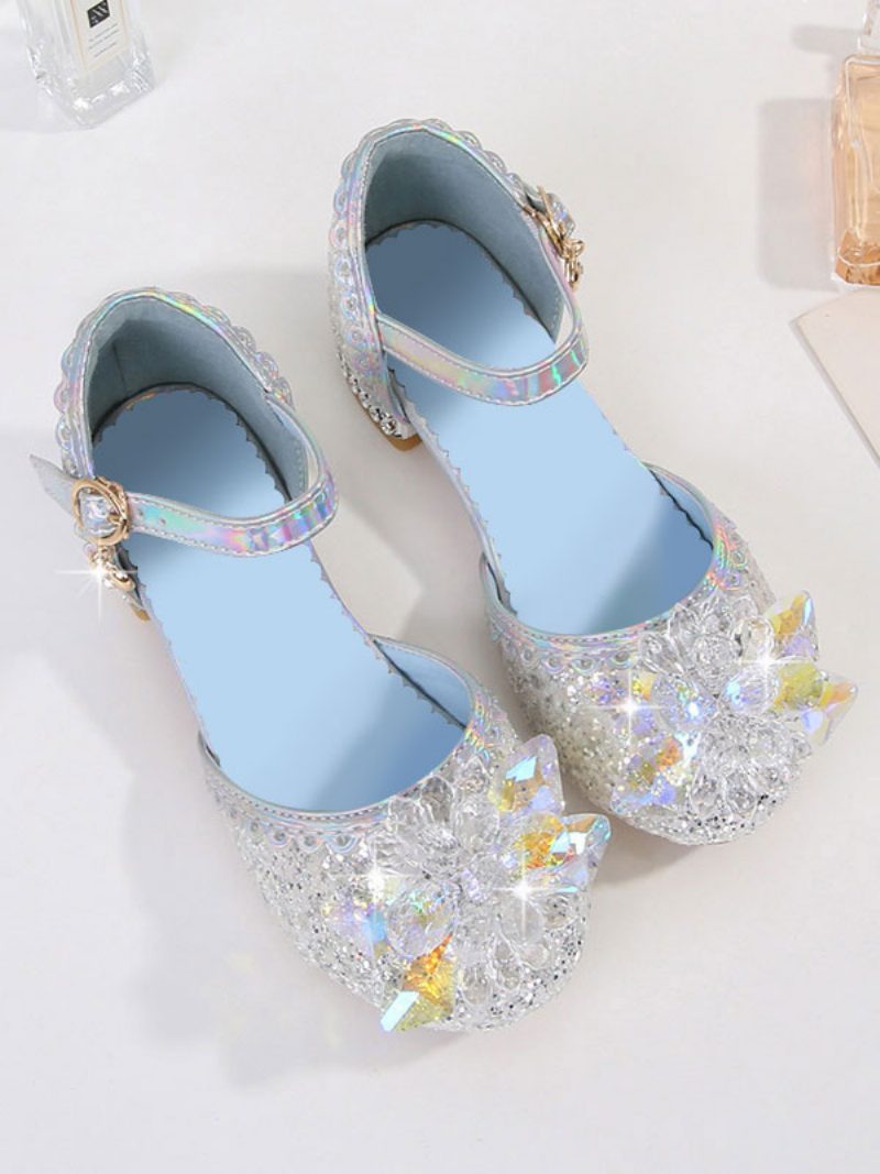 Blumenmädchen-schuhe Hellhimmelblau Mit Pailletten Stoff Strasssteinen Partyschuhe Für Kinder - Silber